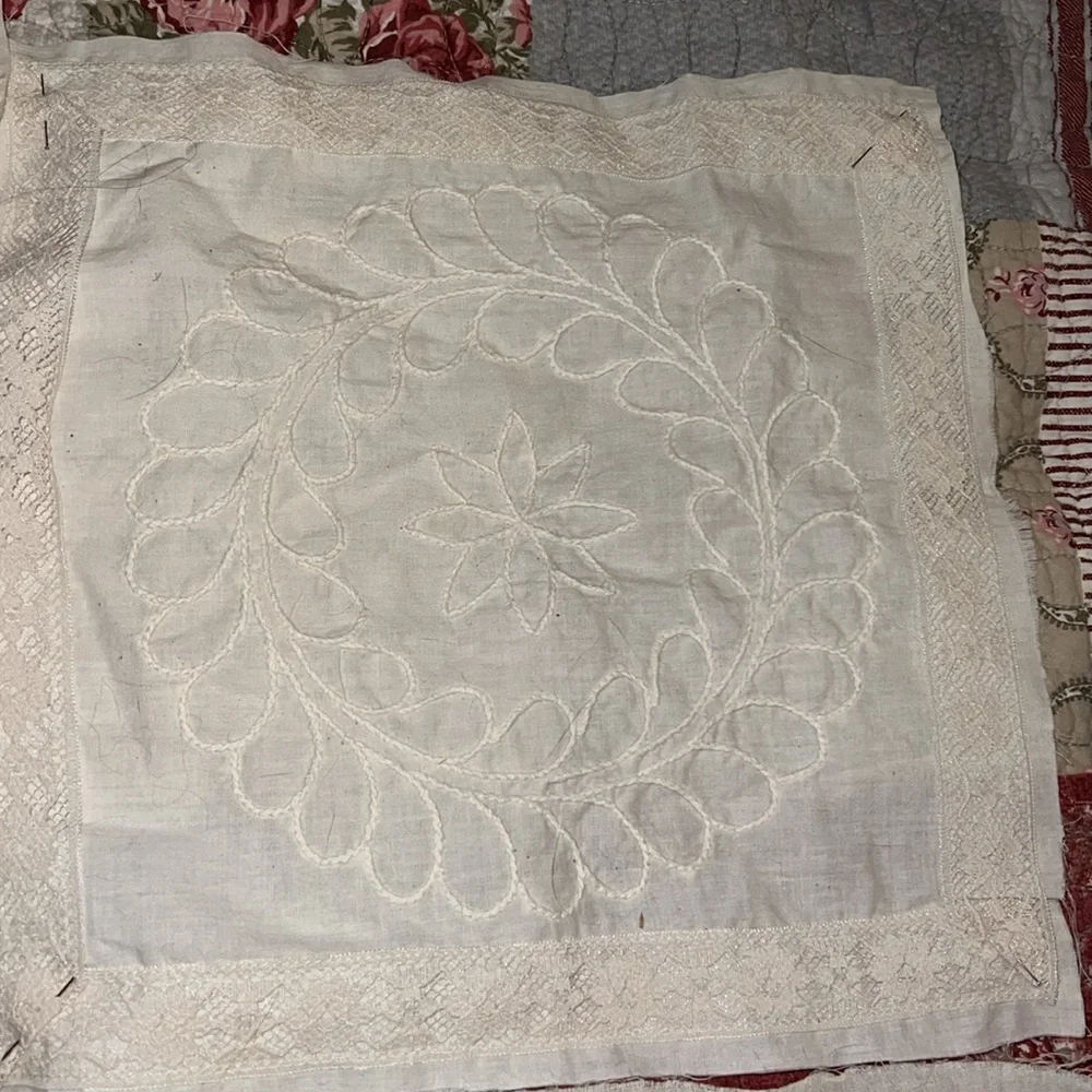Lot 9 French hand Embroidered cream quilt Squares